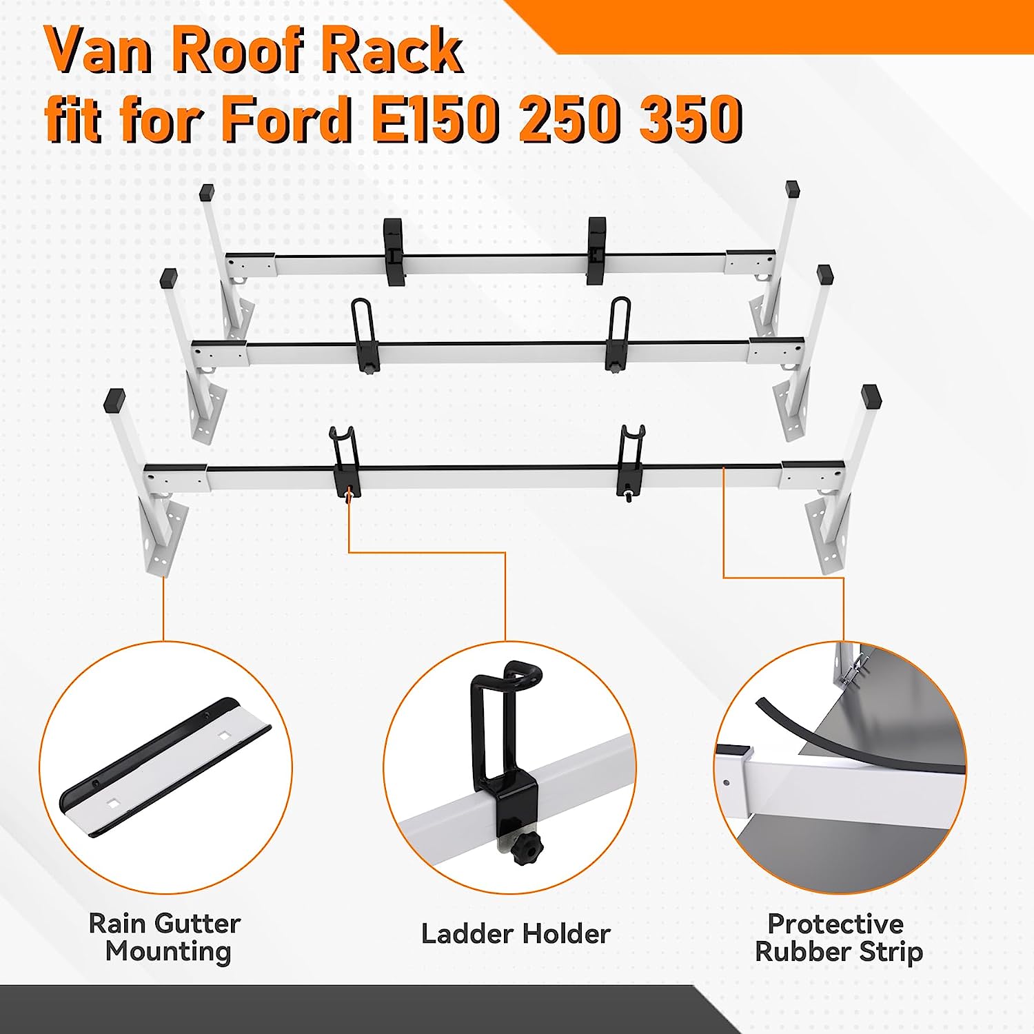 van roof rack for Ford E150 250 350 Steel Cargo Racks 3 Bars 750lbs Load Capacity-11