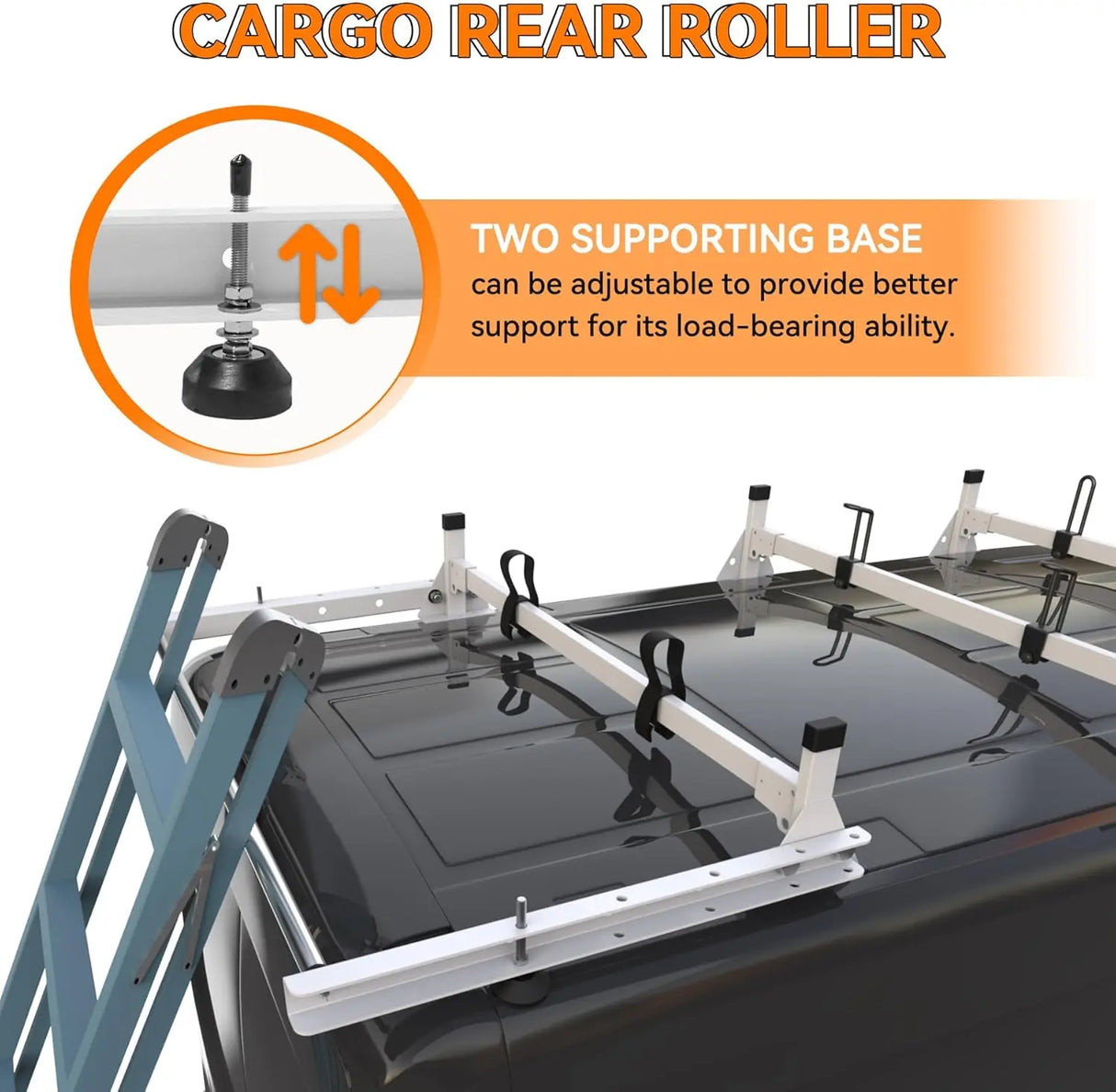 Van Roof Ladder Rack for RAM ProMaster City 2 Bars with Rear Cargo Roller-7