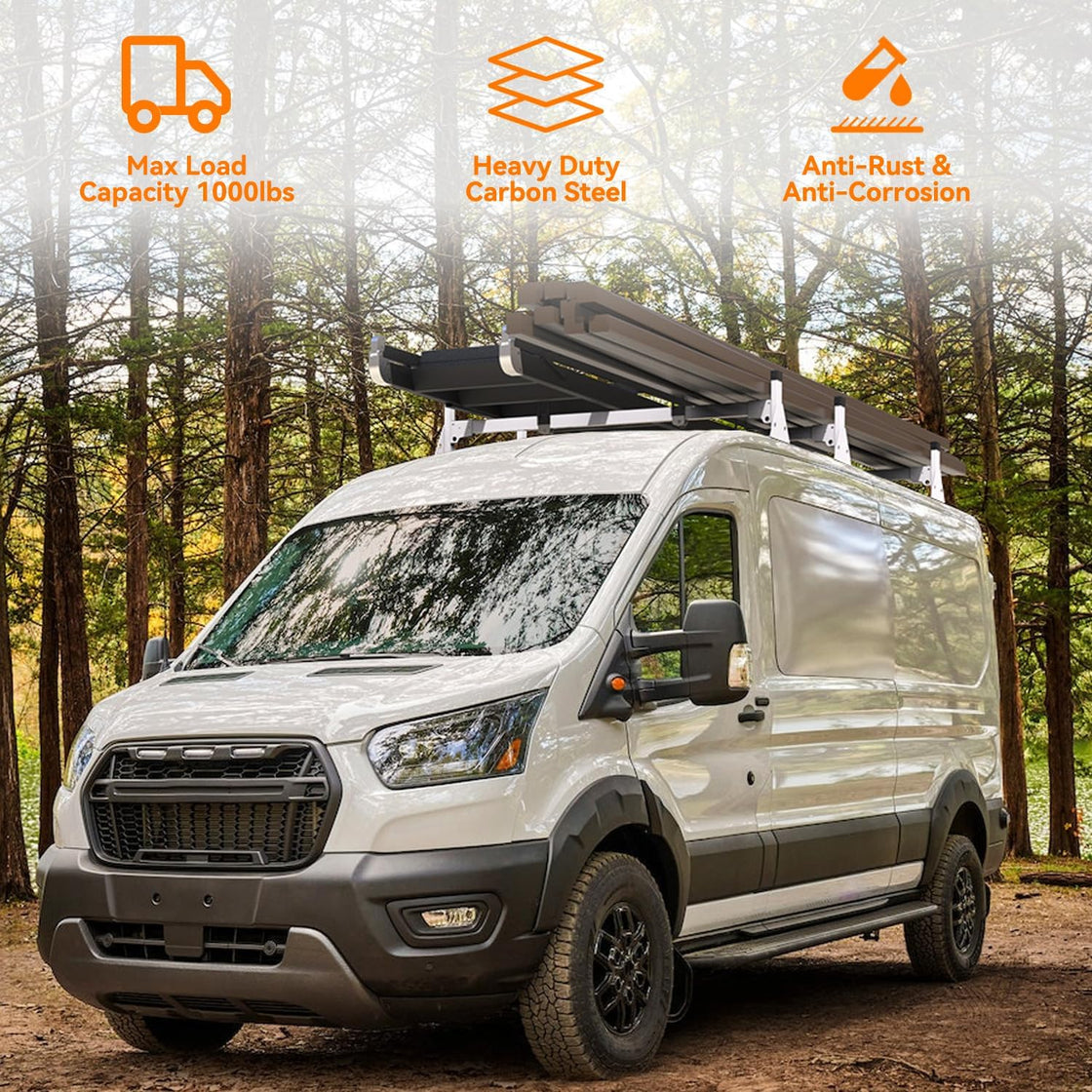 MELIPRON Roof Ladder Rack Fit for 2015-On Ford Transit 150 250 350 4 Crossbars Cargo Van Max Load Capacity 1000lbs-7